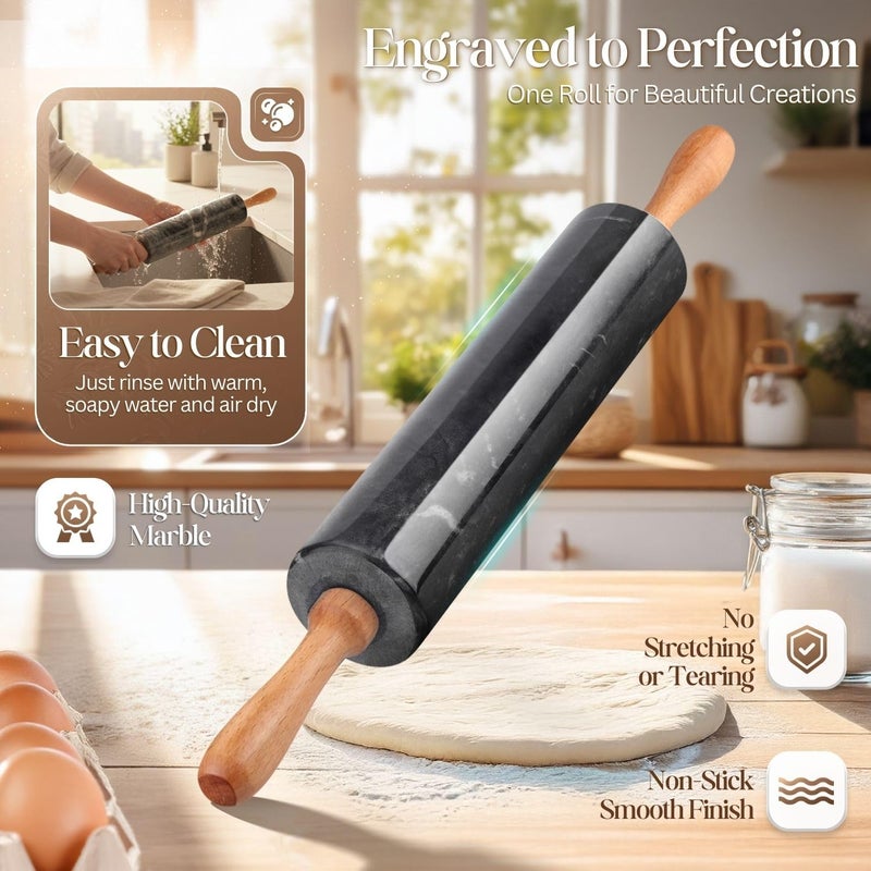 Flexzion Black Marble Rolling Pin, 10-inch with Wooden Handle and Holder Base Stand, Marble Rolling Pin for Baking Pastry Pizza Dough Roller Fondant Cookie Pie Crust Pasta Bakery Roller Pin - Image 3